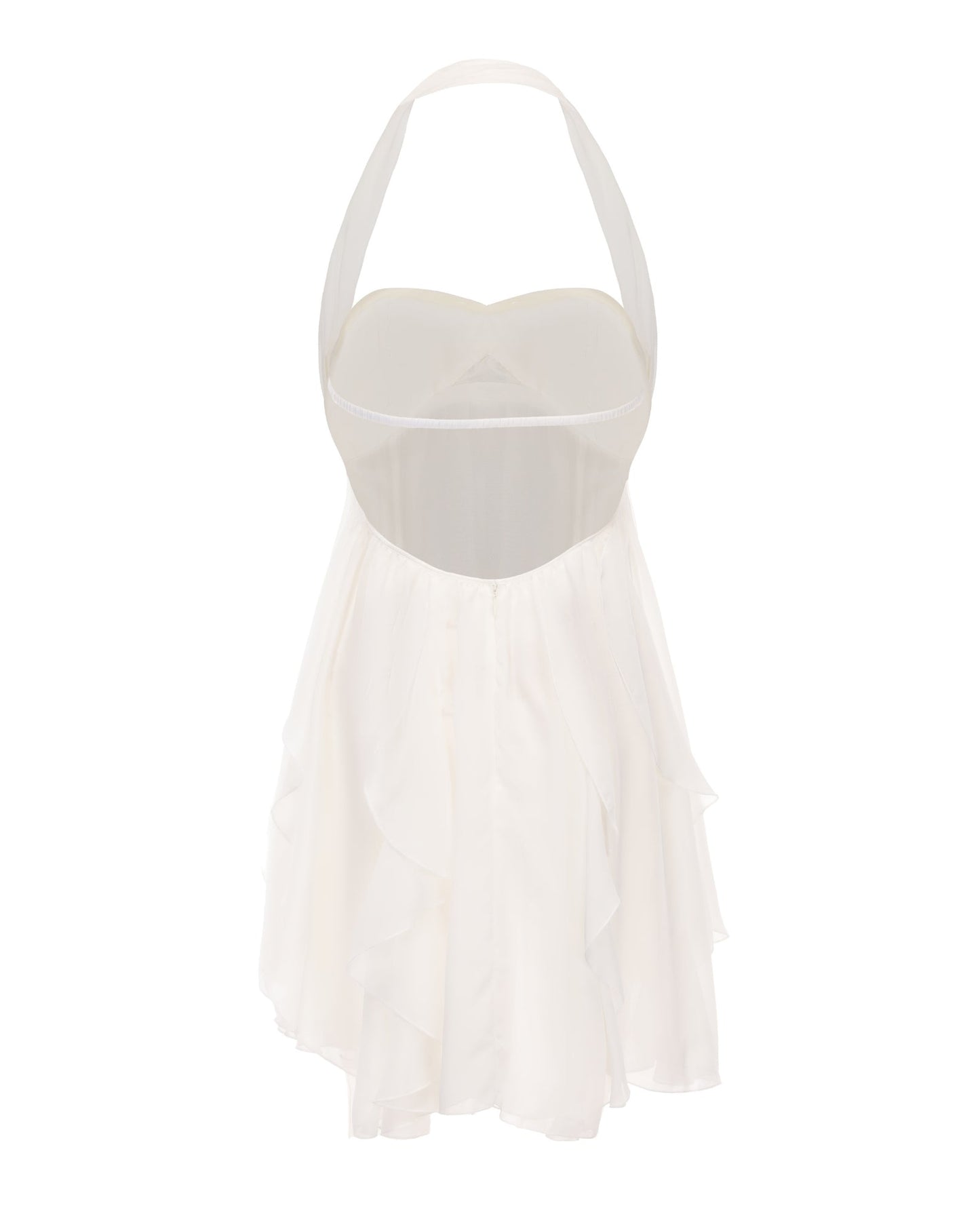 Back view of a white halter neck mini dress with an open back and ruffled tiered skirt detail.
