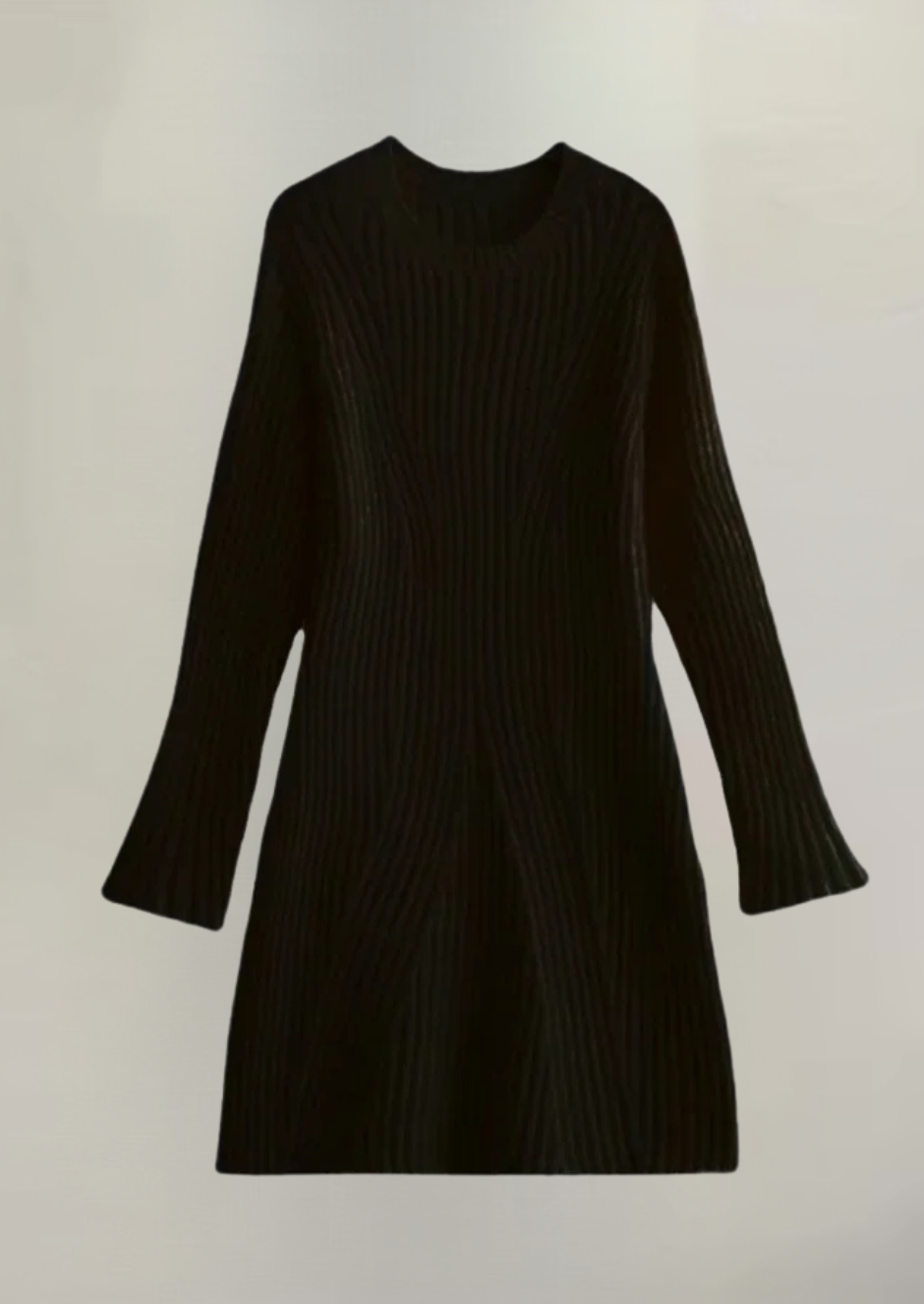 Flat lay of a black knit long sleeve ribbed mini dress, featuring the ribbed pattern, long sleeves, and mini length design.
