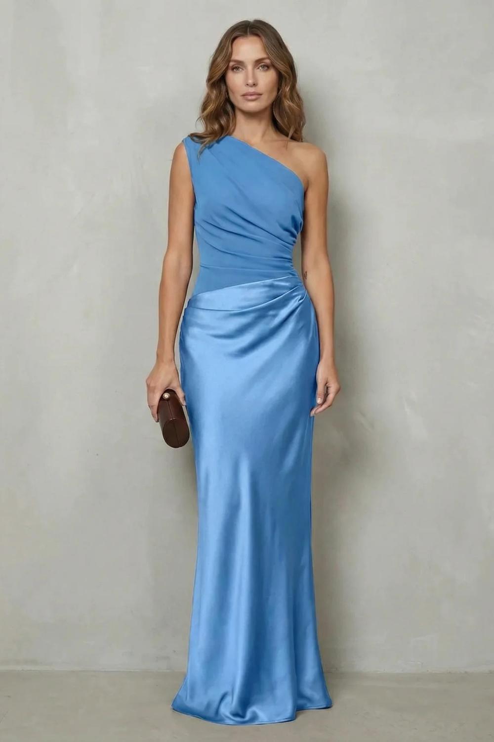 Light blue one-shoulder draped satin maxi dress, highlighting the soft satin fabric and the sophisticated design, a lovely choice for vacation dresses.