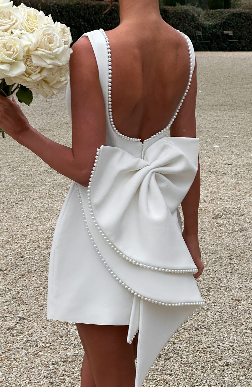 Women's Pearl Trim Boat Neck Bow Back Mini Dress - product image 12