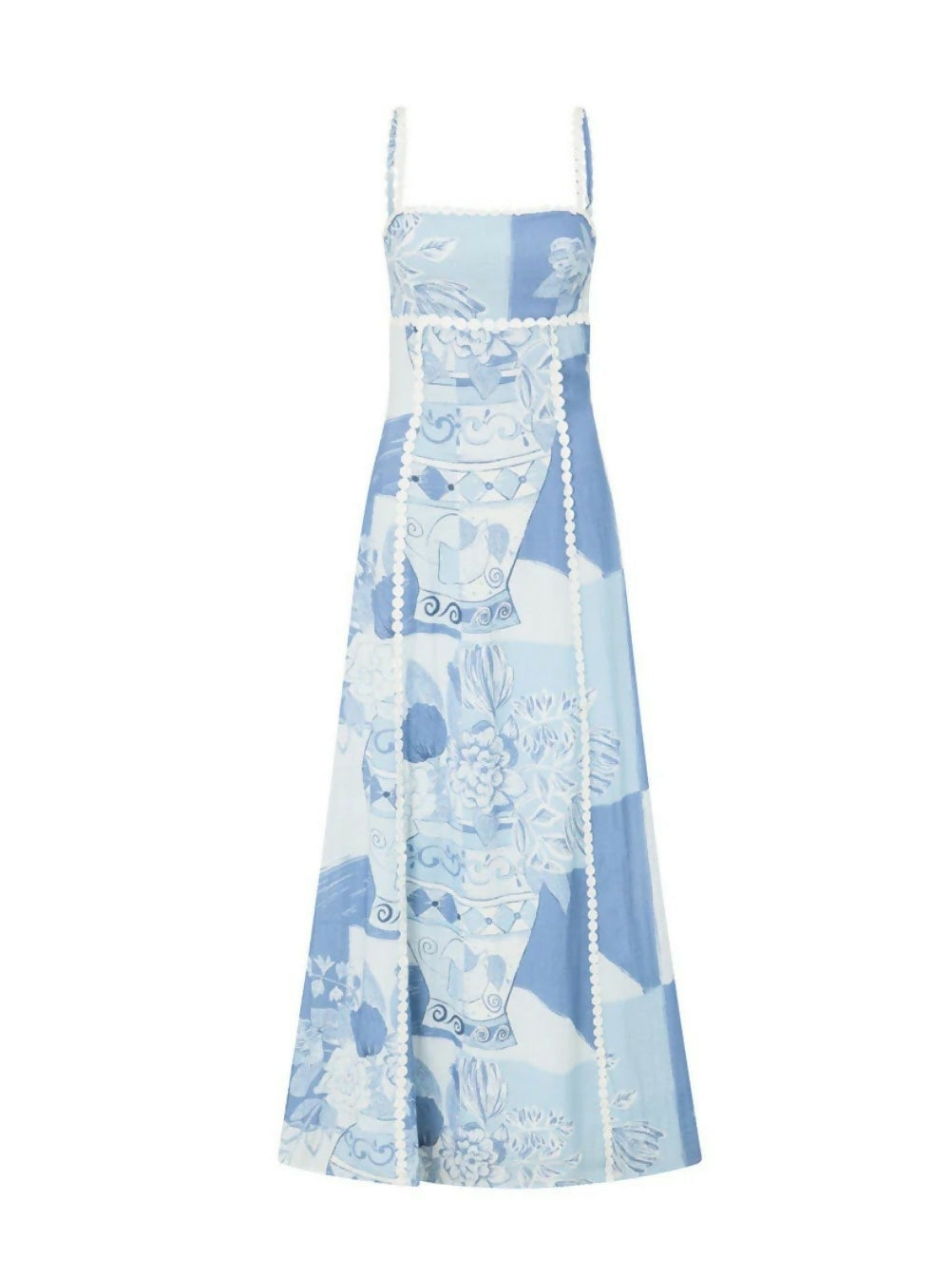 Full view of a blue and white printed maxi dress with ric rac trim and thin straps, ideal for vacation dresses.