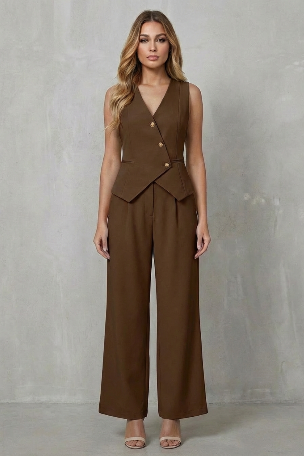 Full-length shot of a women's brown sleeveless v-neck vest and wide leg pants set, a chic vacation outfit option