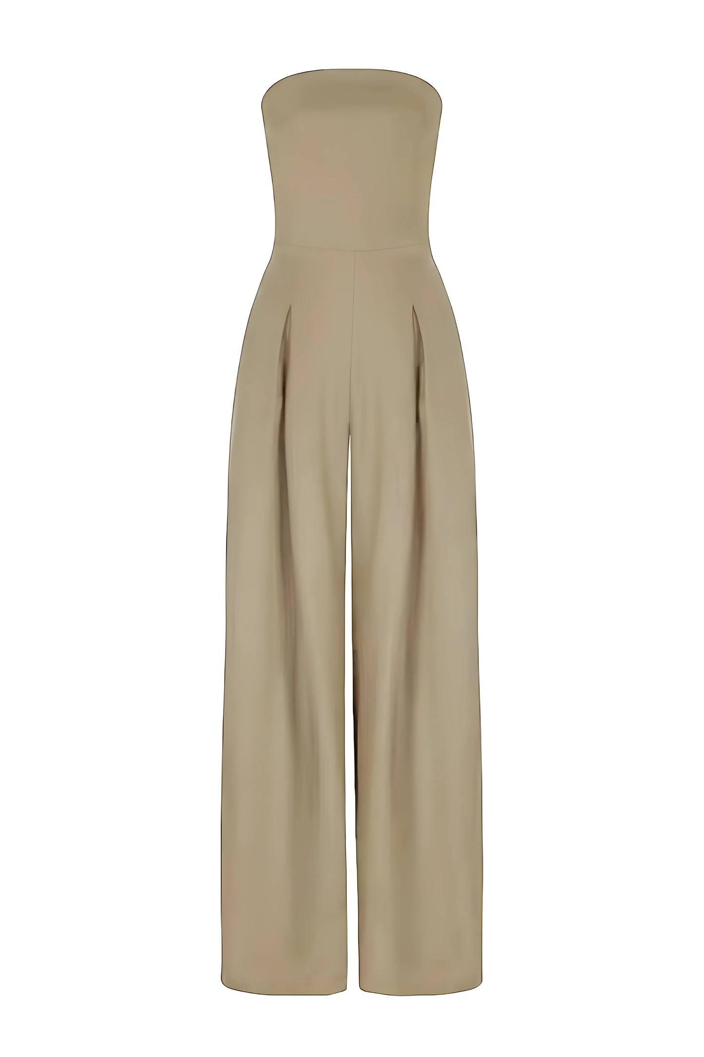 Front view of a beige strapless high-waisted wide-leg jumpsuit, with subtle pleats at the waist and a smooth, flowing fabric, on a white background.