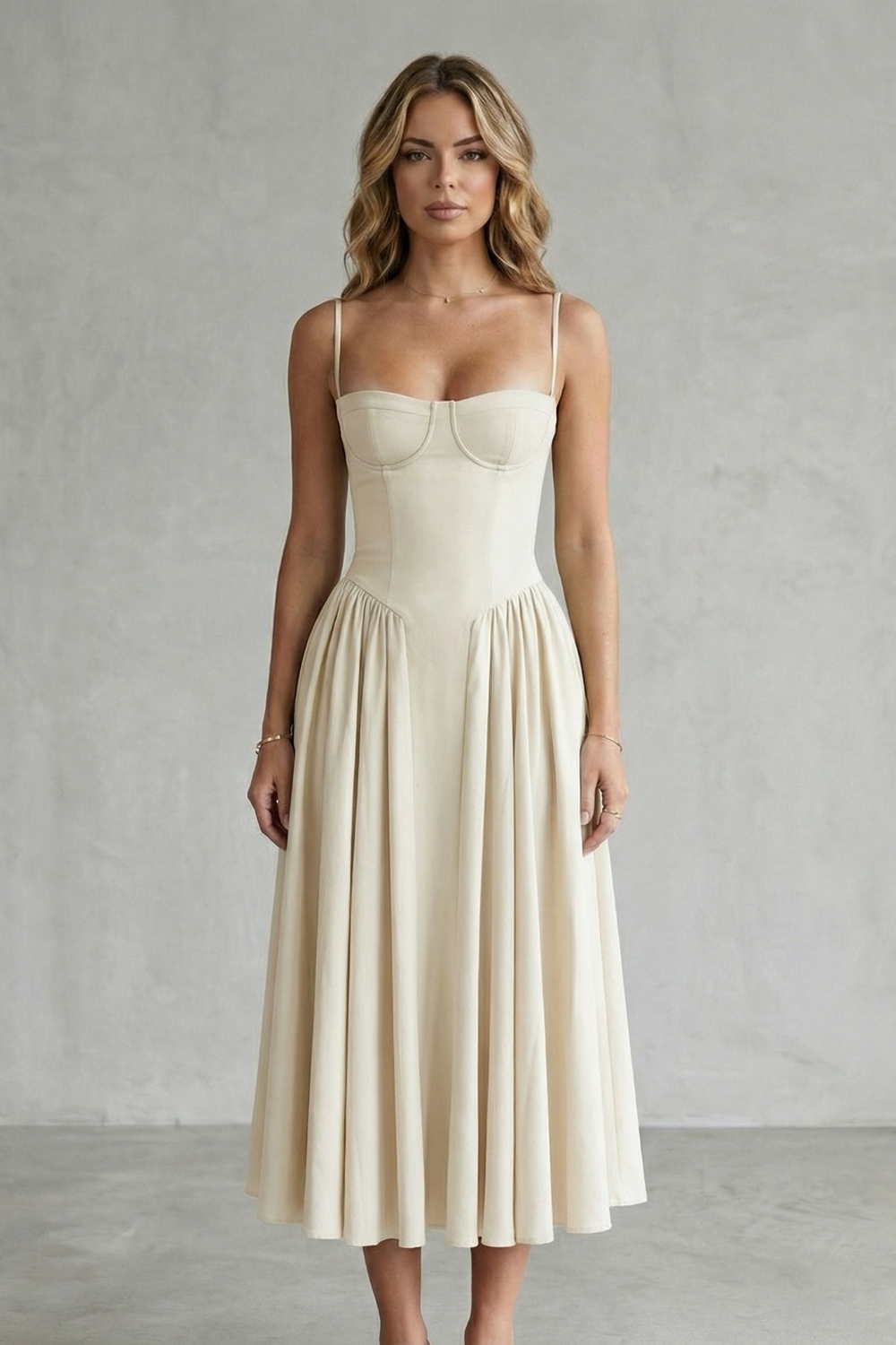 Front view of a woman wearing an ivory strappy structured sweetheart neck midi dress, a beautiful white midi dress option.