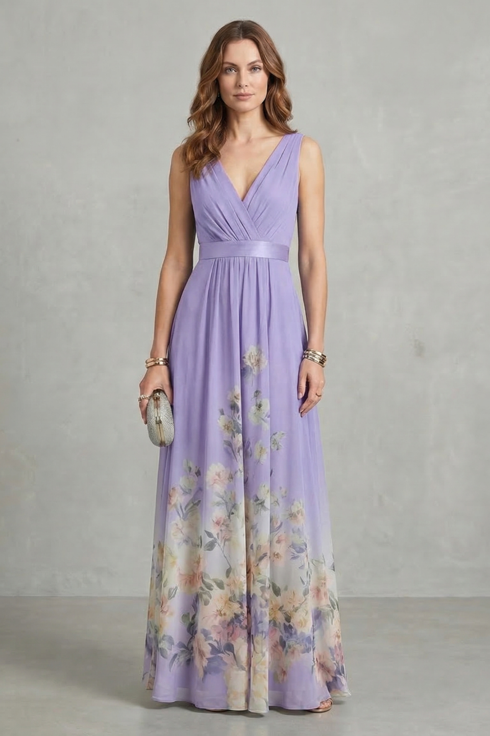 Front view of a woman in a lavender floral V-neck maxi dress, designed with a flattering silhouette, perfect for a wedding guest outfit.