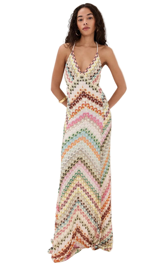 Front view of a women's chevron embroidered V-neck crisscross maxi dress with colorful patterns and thin white straps.
