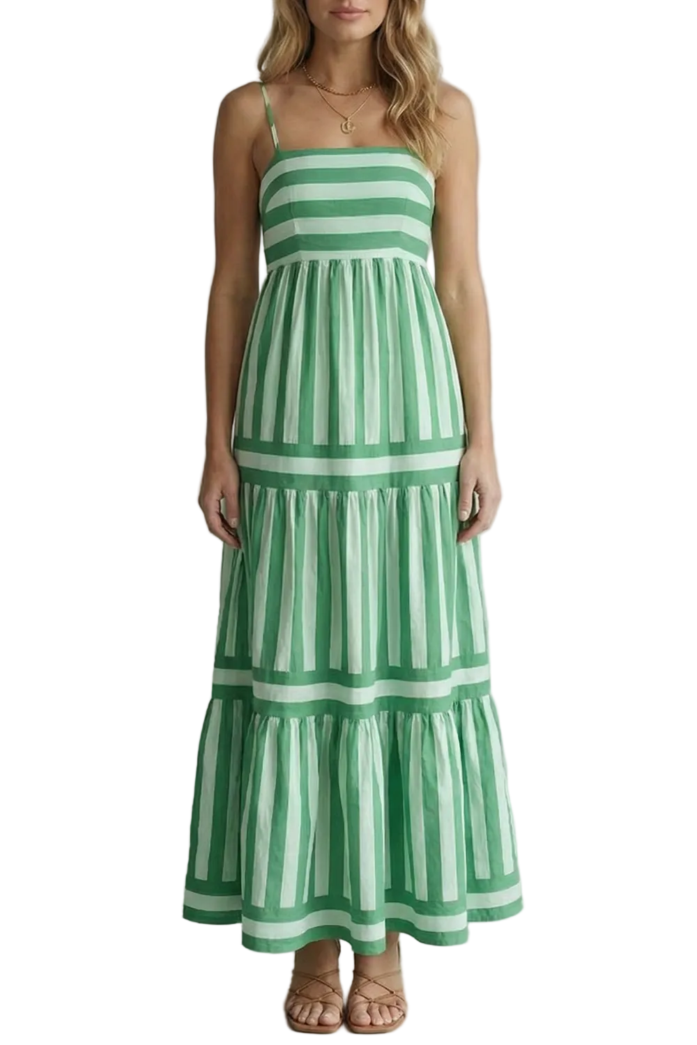 Front view of a green and white striped tiered maxi dress with thin straps, perfect for vacation outfits.