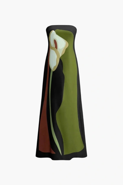 Model wearing the Kouvr Elizabeth abstract floral strapless evening dress