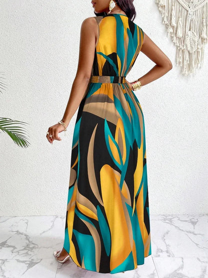 Back view of the women's abstract printed sleeveless V-neck maxi dress, showing the flowy skirt and waist detail.