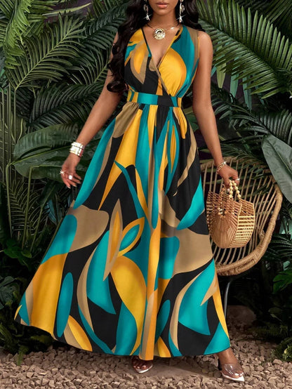 Full-length view of the women's abstract printed sleeveless V-neck maxi dress, perfect for vacation outfits.