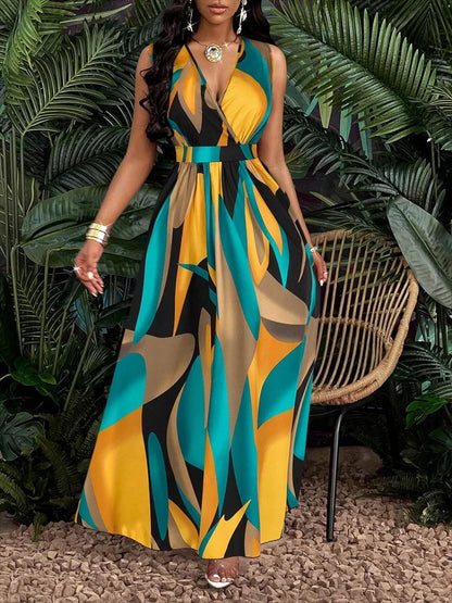 Front view of the women's abstract printed maxi dress, highlighting the vibrant pattern and elegant drape.