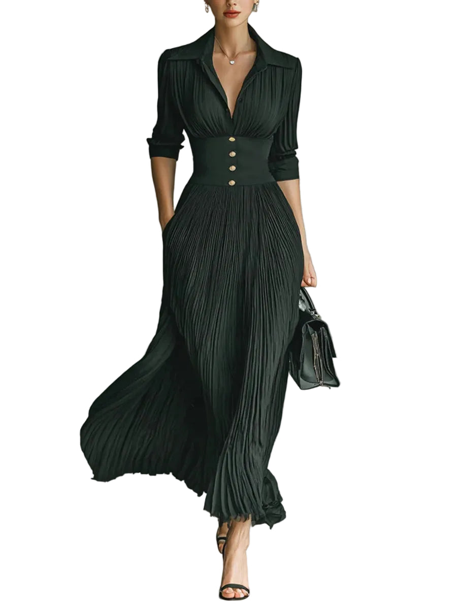 Black pleated maxi dress with fitted waist, gold buttons, and collared v-neck front view