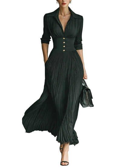 Black pleated maxi dress with fitted waist, gold buttons, and collared v-neck front view