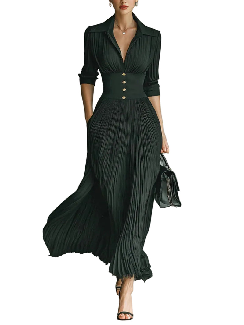 Black pleated maxi dress with fitted waist, gold buttons, and collared v-neck front view