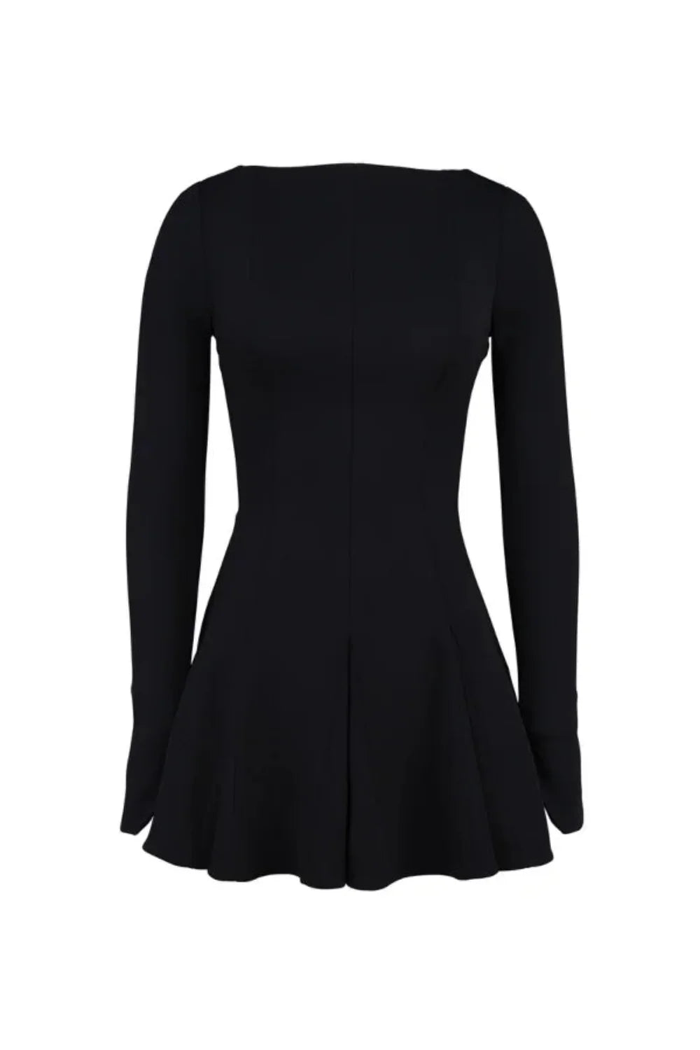 Model from behind wearing the Kouvr Fashion black long sleeve mini dress, showing the button details on the split cuffs