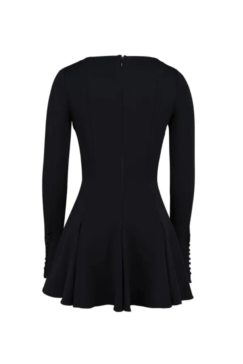 Model from behind wearing the Kouvr Fashion black long sleeve mini dress, showing the button details on the split cuffs