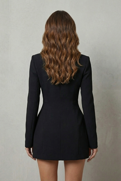 Back view of a black blazer mini dress, highlighting the fitted waist and smooth fabric.