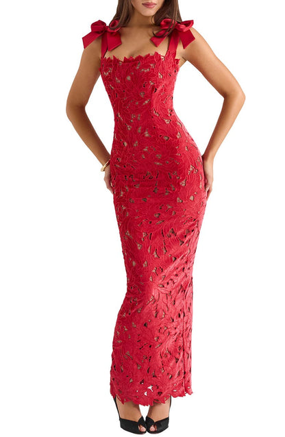 Women's Bow Shoulder Lace Bodycon Maxi Dress