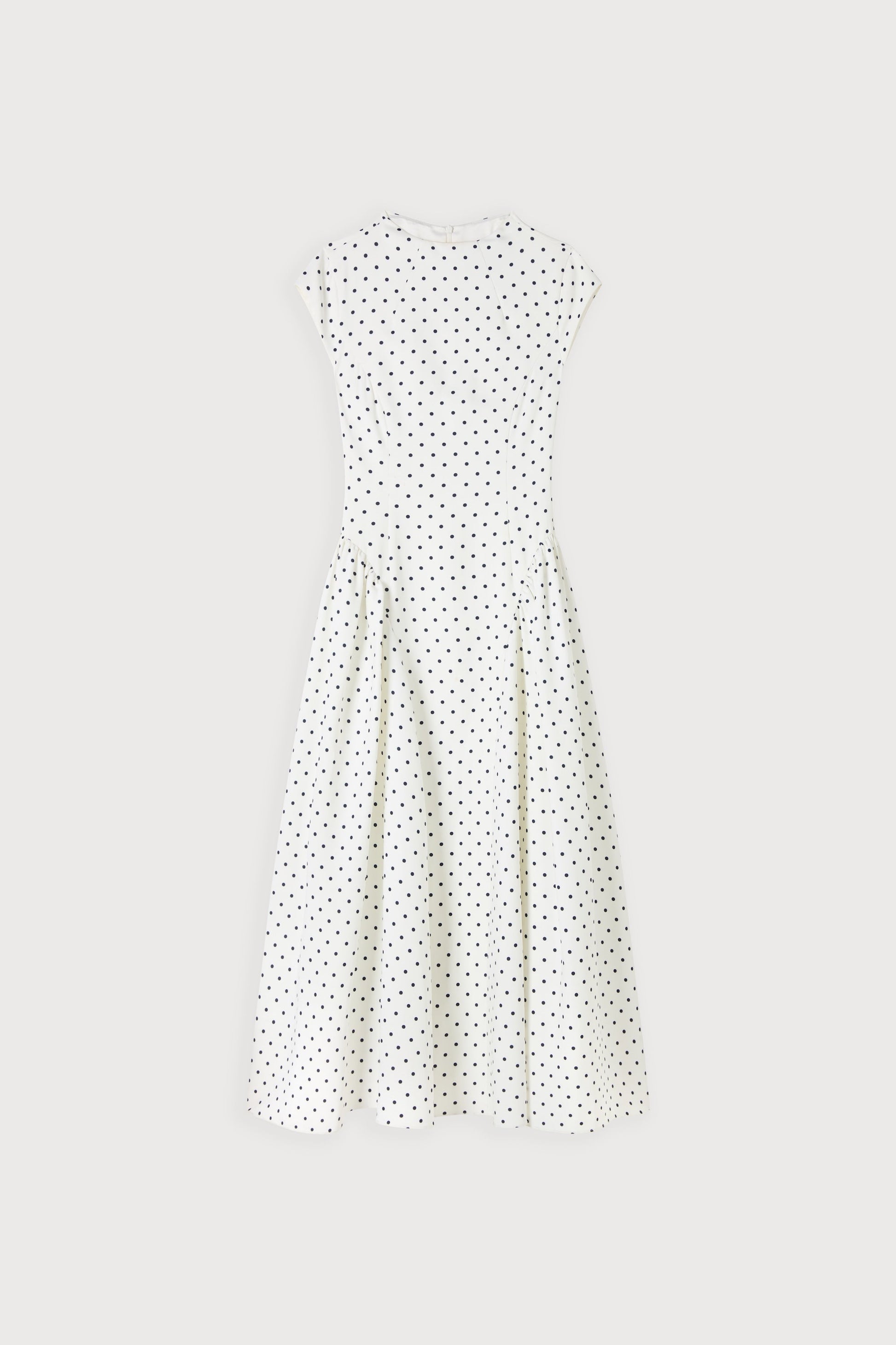 White polka dot gathered midi summer dress on hanger, cap sleeves and high neck shown full length