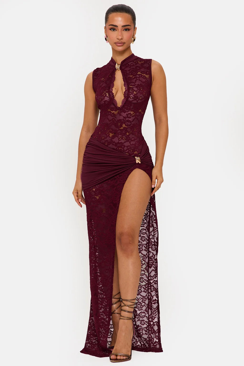Women's burgundy floral lace cocktail maxi dress with a mock neck, keyhole, and thigh-high slit, perfect for elegant wedding guest dresses.