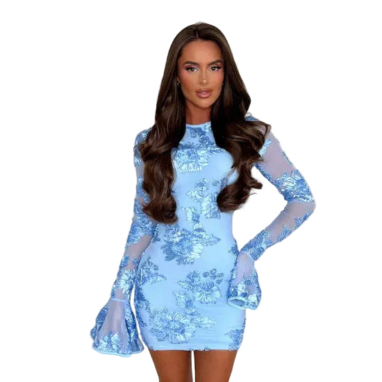 Light blue floral mesh long sleeve bodycon mini dress with embroidered flowers and flared cuffs