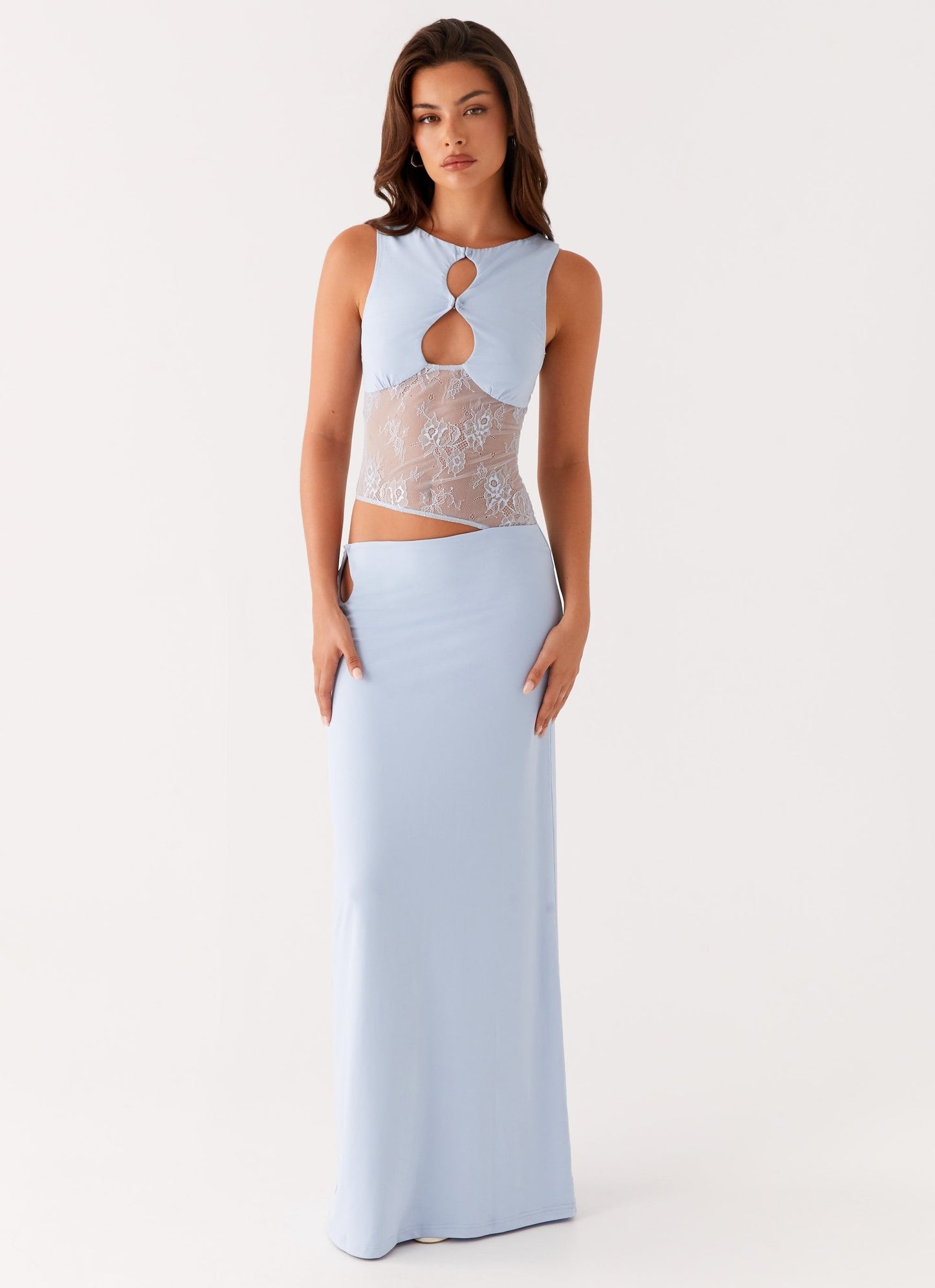 Light blue bodycon maxi dress with double keyhole neckline and sheer lace waist panel