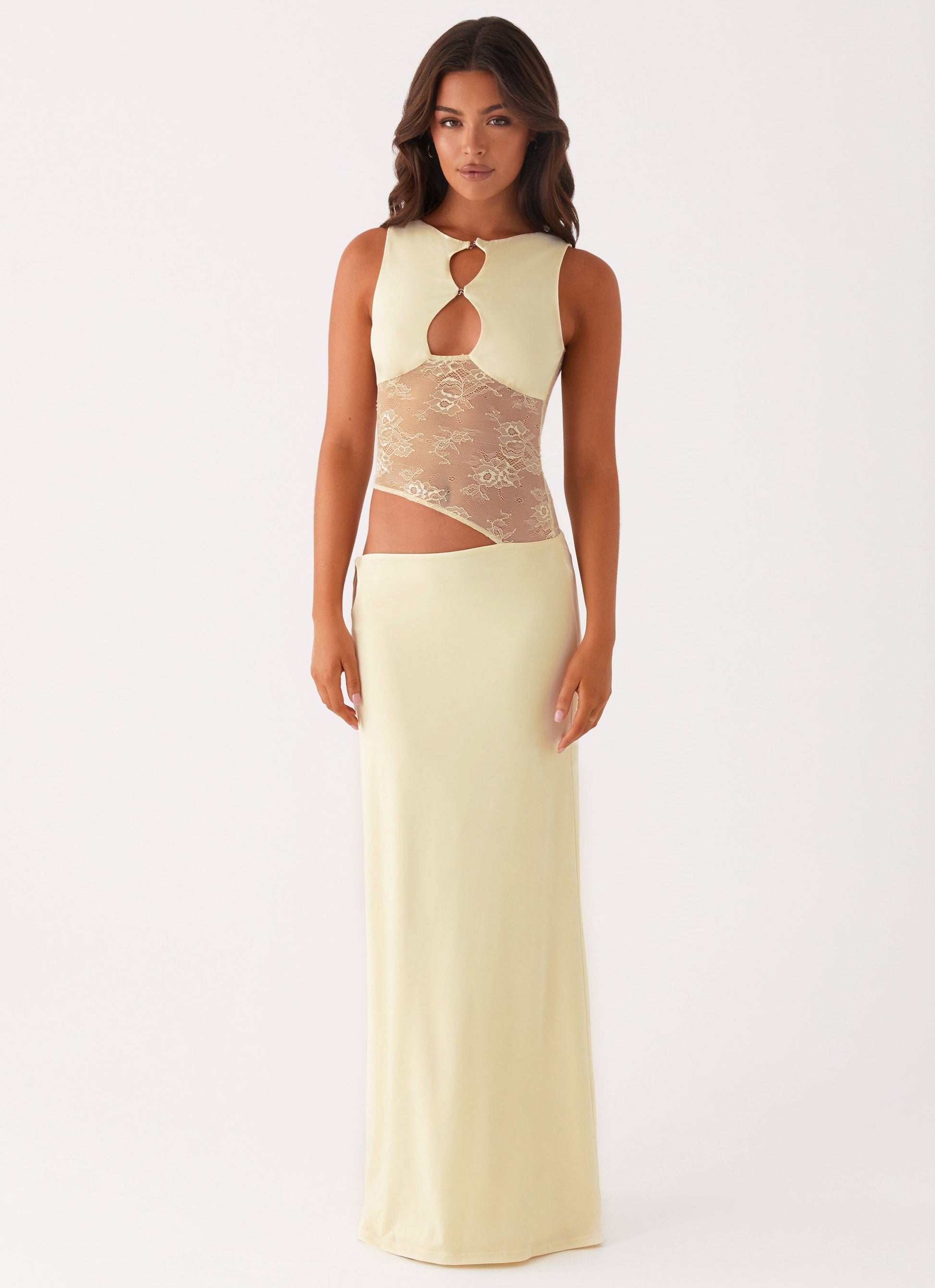 Cream bodycon maxi dress with lace midriff panel and double keyhole cutout front