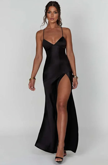 Black satin v-neck maxi dress with high leg slit and thin straps