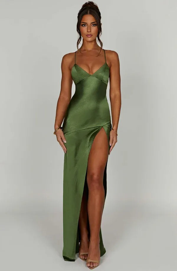 Olive green satin v-neck maxi dress with high slit and cami straps