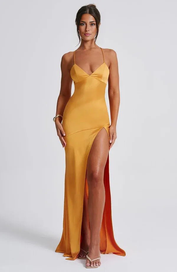 Gold satin v-neck maxi dress with high thigh slit and thin straps