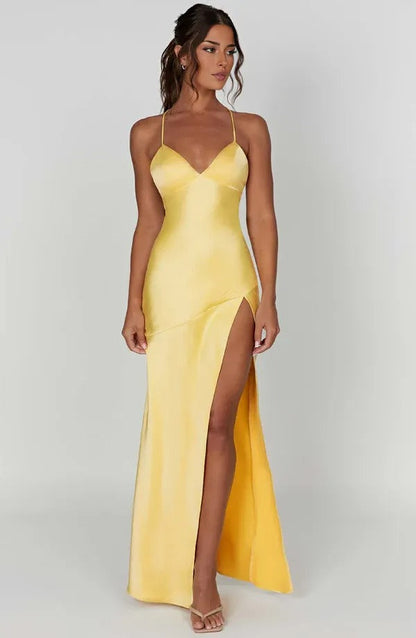 Pale yellow satin v-neck maxi dress with high slit and cami straps