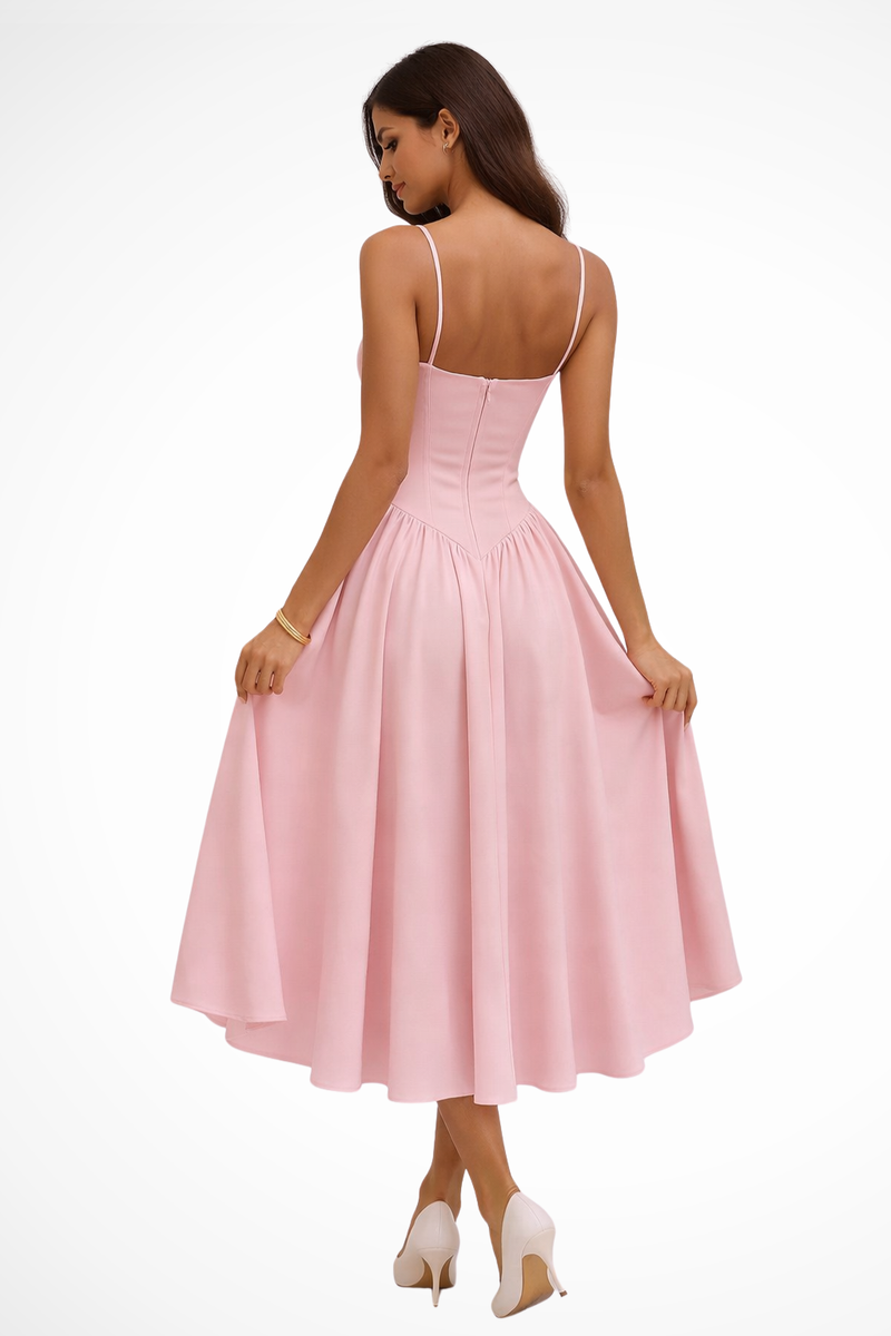 Women's light pink corset bodice A-line midi dress back view with zipper closure and full skirt