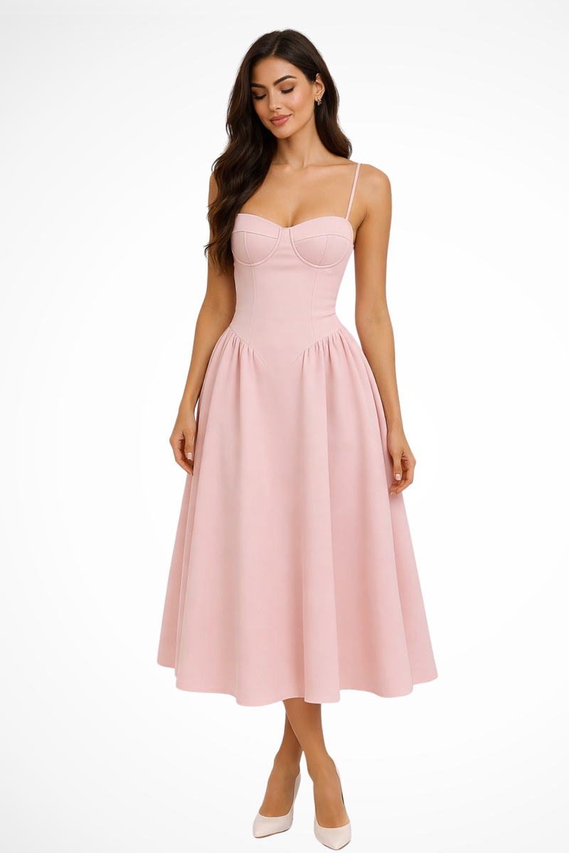 Women's light pink corset bodice A-line midi dress with slim shoulder straps and defined waist