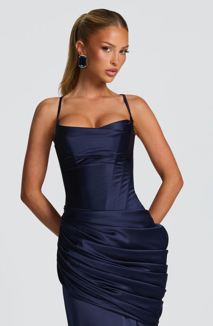 Navy satin corset maxi dress with spaghetti straps and sweetheart neckline, close-up bodice