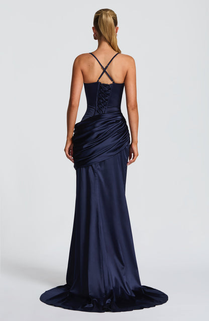 Back view navy satin maxi dress with lace-up corset back and crossed adjustable straps