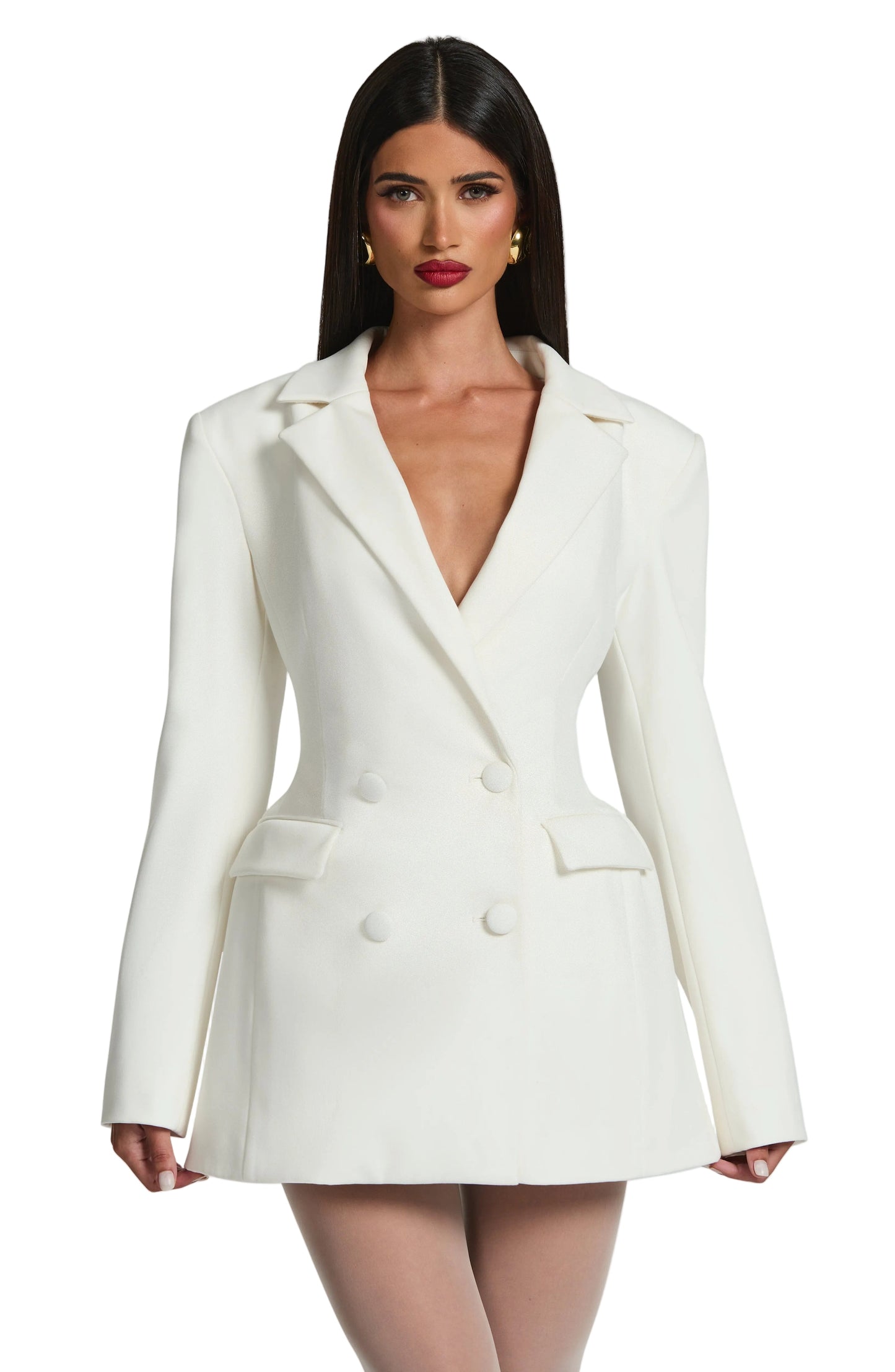 Front view of a white double-breasted mini dress with shoulder pads, featuring a deep V-neck and four white buttons.