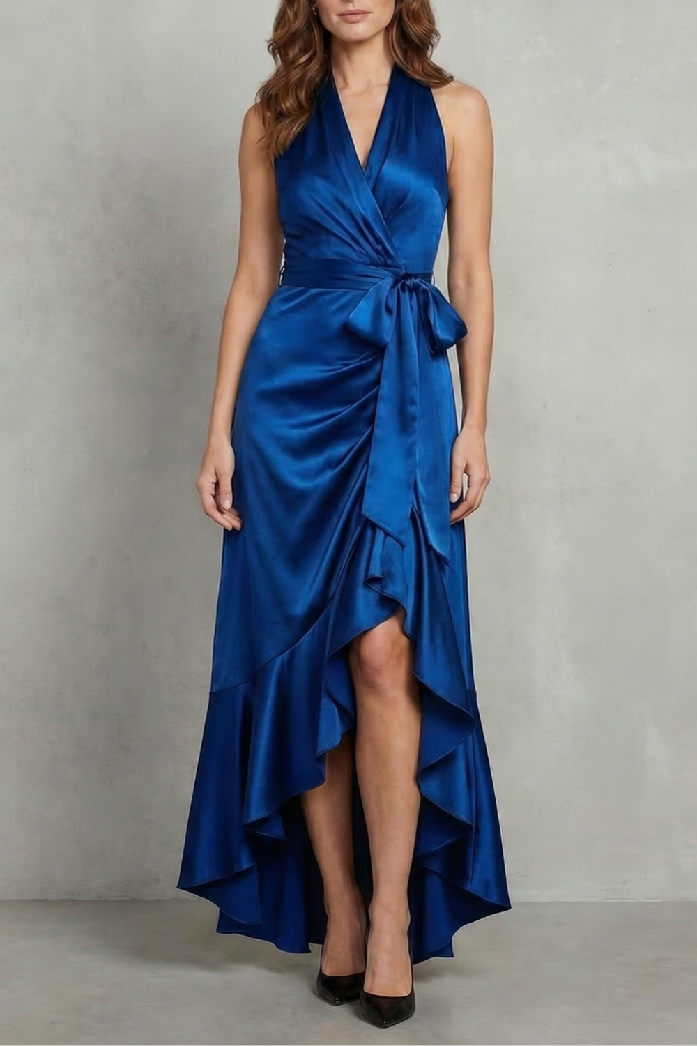 Front view of a shiny royal blue halter wrap high-low maxi dress with ruffled hem, perfect for wedding guests.