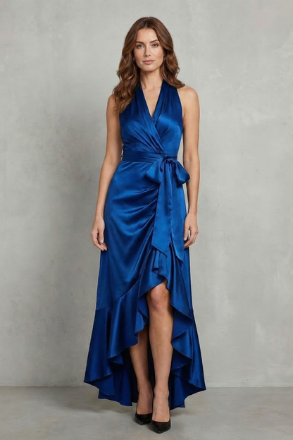 Full length view of a women's royal blue satin halter wrap high-low maxi dress, ideal for elegant evening events.