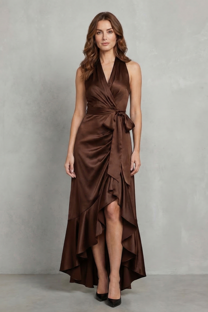 Elegant brown satin halter wrap high-low maxi dress, featuring a flattering silhouette for women's evening wear.