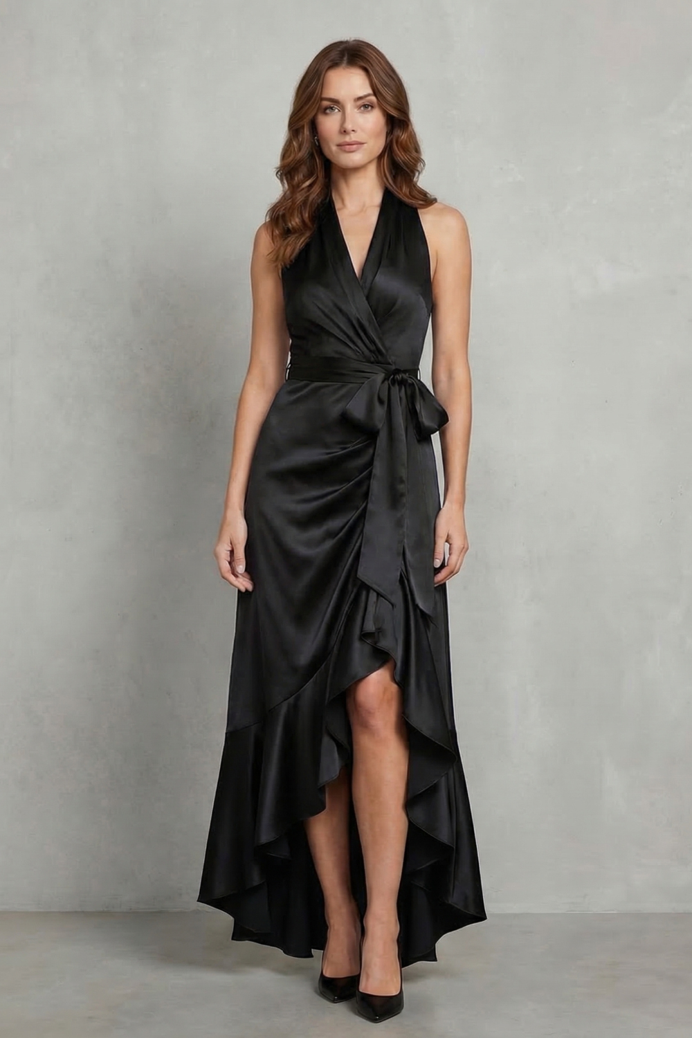 Full length view of a black satin halter wrap high-low maxi dress, a sophisticated choice for wedding guest dresses.