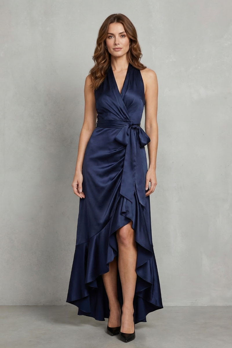 Full view of a navy blue satin halter wrap high-low maxi dress, perfect as a midi wedding guest dress.