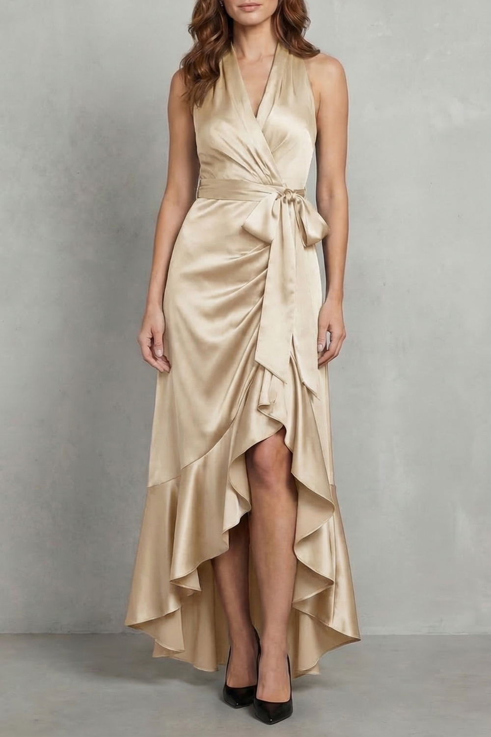 Champagne gold satin halter wrap high-low maxi dress with a ruffled hem and a tied waist, vacation dresses.