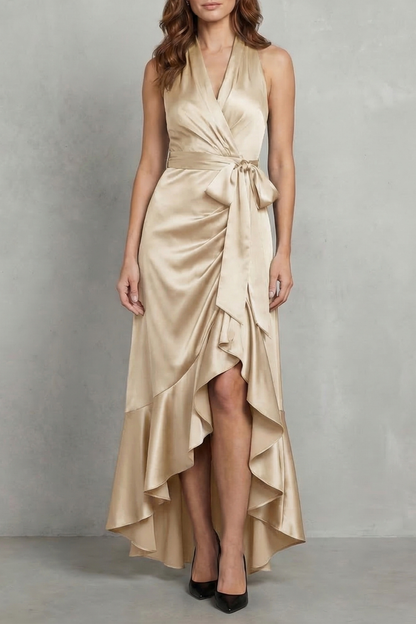 Champagne gold satin halter wrap high-low maxi dress with a ruffled hem and a tied waist, vacation dresses.