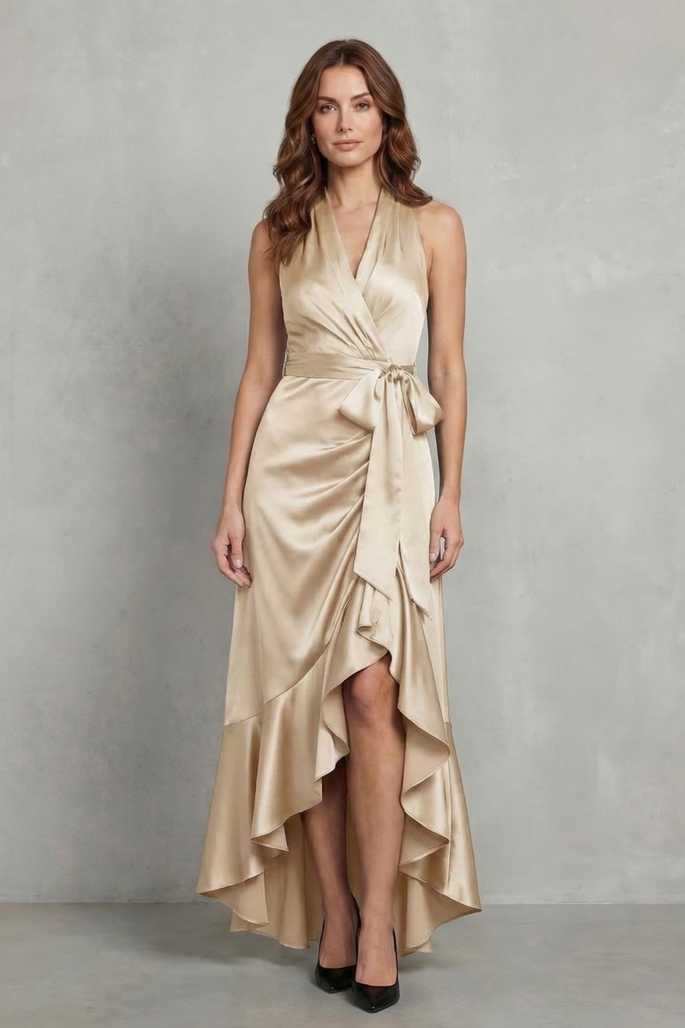 Front view of a champagne gold satin halter wrap high-low maxi dress, ideal for womens wedding guest dresses.