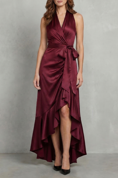 Burgundy satin halter wrap high-low maxi dress with a deep v-neckline and ruffled skirt, midi dresses for women.