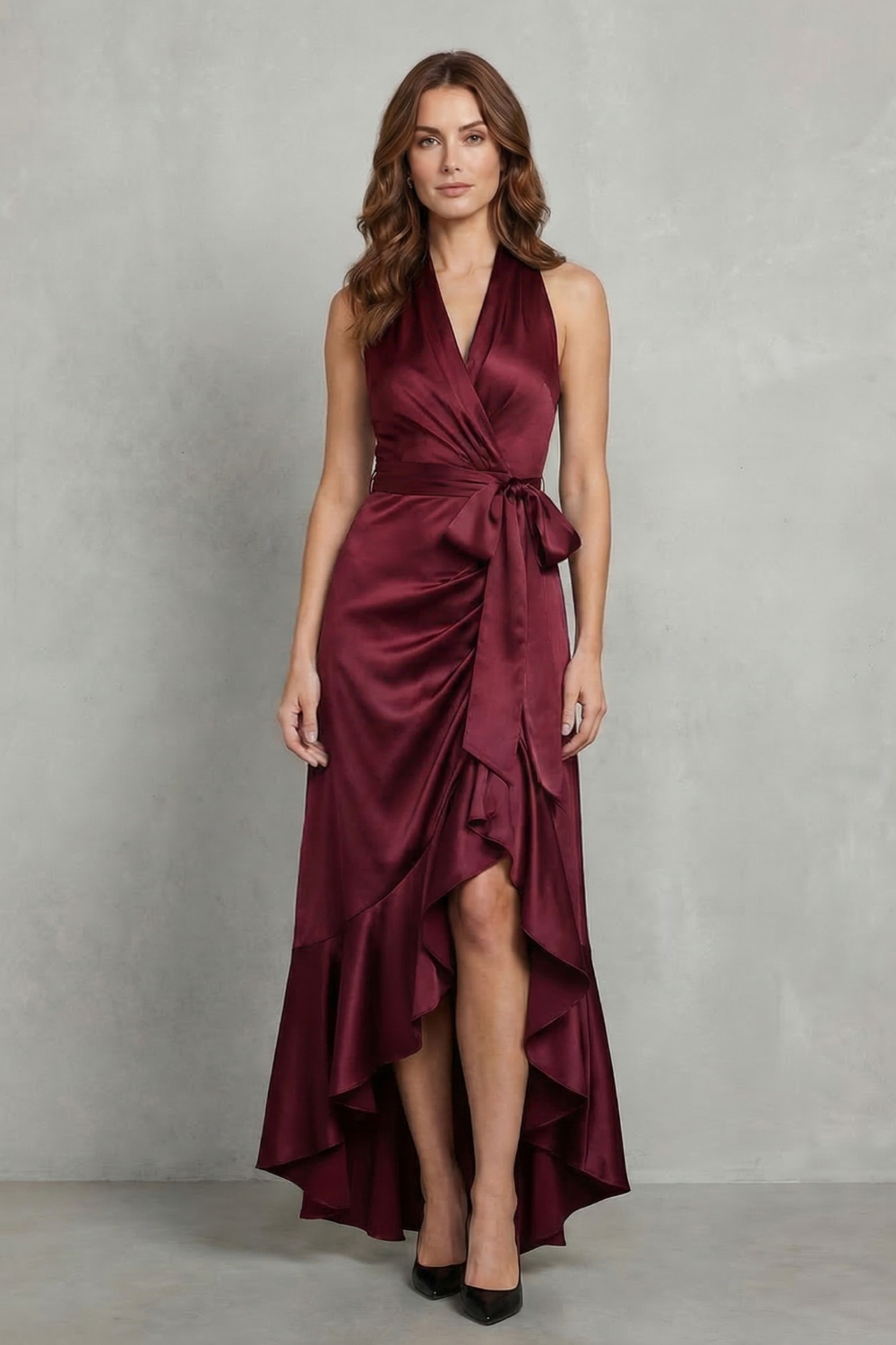 Full length burgundy satin halter wrap high-low maxi dress, a sophisticated choice for evening wear.