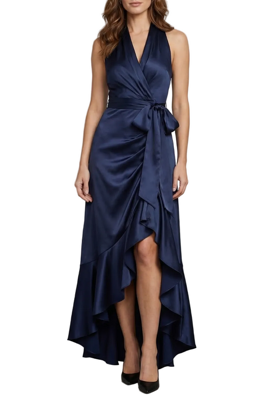 Navy blue satin halter wrap high-low maxi dress with ruffled hem and waist tie, elegant dresses for wedding guests.