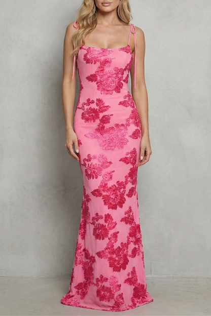 Vibrant pink floral appliqué scoop neck maxi dress with delicate shoulder ties, a stunning vacation dress for women.