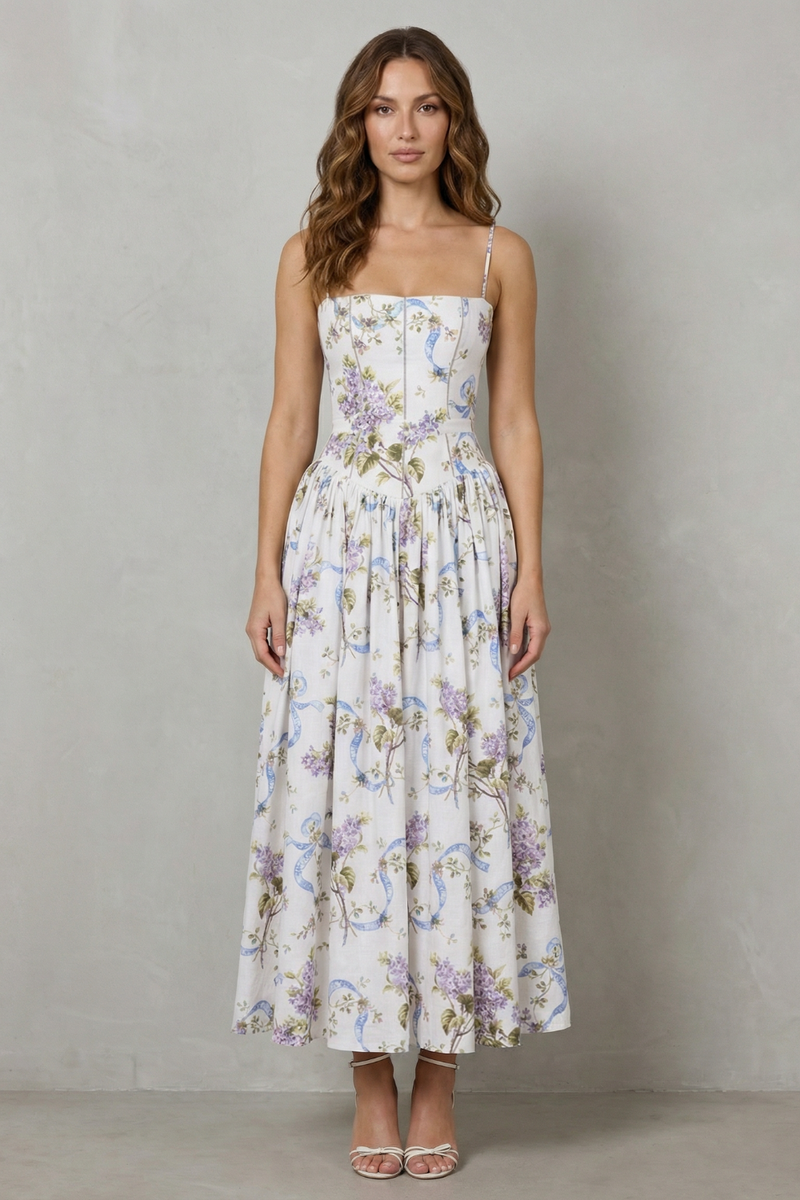 Front view of a women's floral midi dress with a structured corset bodice and thin straps, perfect for vacation outfits.