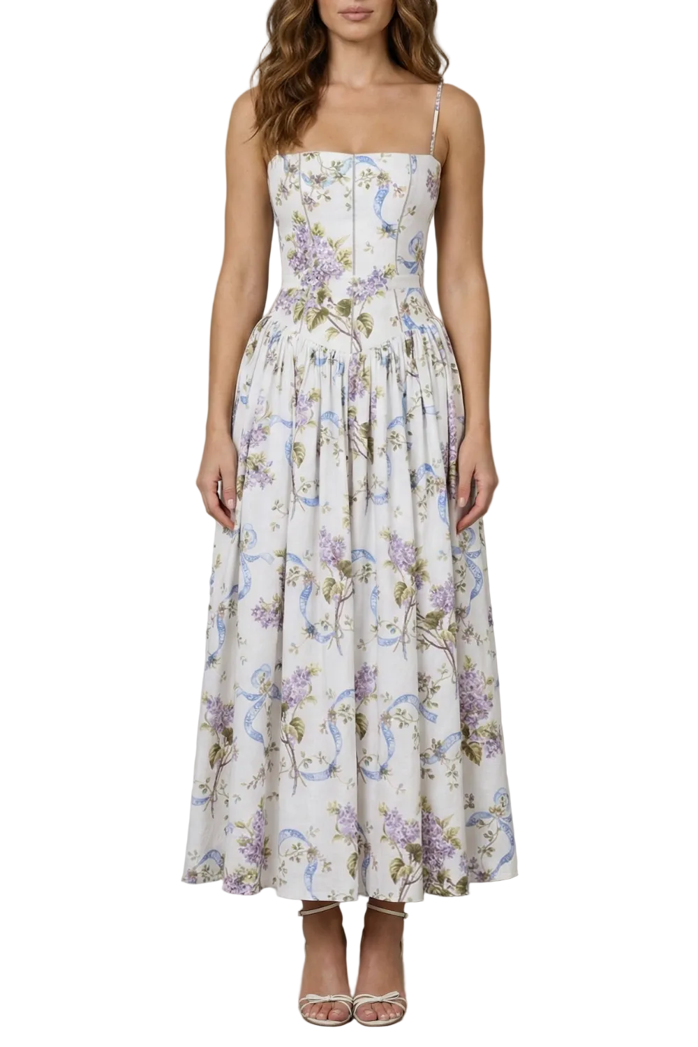 Women's white floral corset bodice midi dress with delicate shoulder straps and a full skirt, featuring purple flowers and blue ribbon patterns.